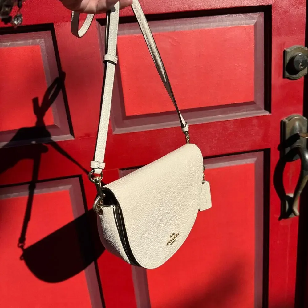 Coach Pebbled Leather Half Moon Saddle Crossbody Bag Chalk Cream Gold Hardware